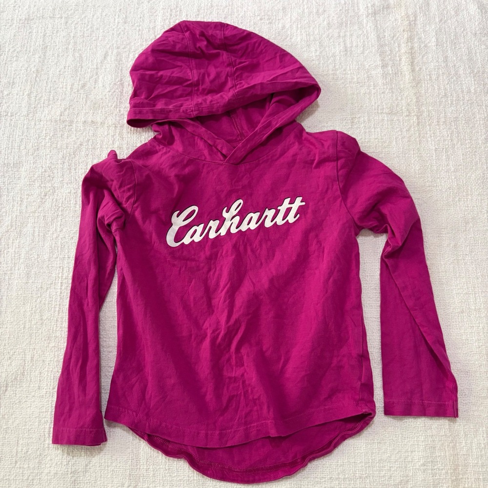 Carhartt Girls Pink Glitter Logo Long Sleeve Hooded Shirt Size 6 Magenta